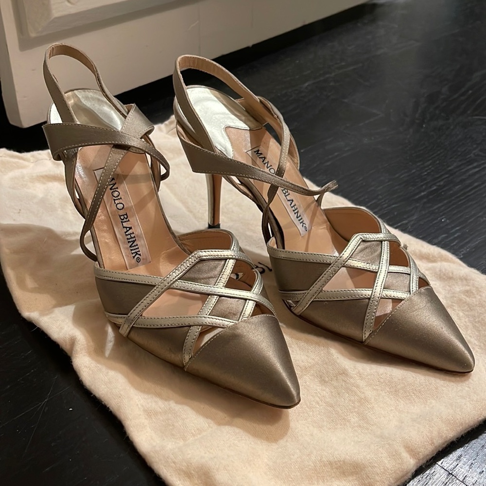 Manolo Blahnik Metallic Taupe Pointed-Toe Strappy Heels